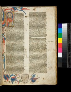 Sra. 370. Orosius, Historiarum Adversum Paganos Libri Septem, f.2r. Iluminado inicial habitado [P], com retrato de autor vestido de bispo, e borda parcial com motivos foliados, Bolonha ou Pádua de Italian School