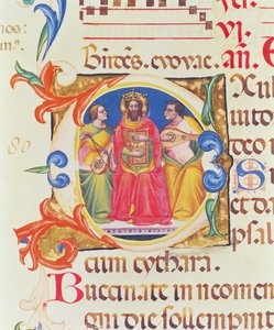 Ms. 559 f.155v Historiated inicial O retratando o rei Davi e dois anjos, do saltério de Santa Maria Novella, iluminado por Paolo Soldini (fl.1342-86) 1379 de Italian School