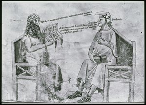 Senhora Lat 6823 fol.2 Averroes (1126-98) na conversação com Porphyry (c.232-c.305) (pena & tinta e lavagem no papel) de Italian School