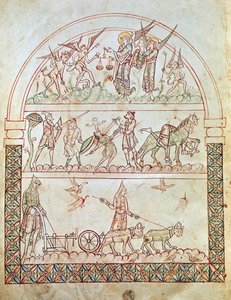 Ms. Plut. 12,17, c. 1b, A cidade terrestre com as dificuldades e infortúnios da humanidade e o julgamento de uma alma, da cidade de Deus por Santo Agostinho, do século XI a XII de Italian School