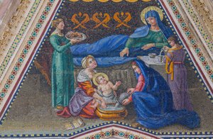 Natividade de Maria, mosaico, empena da entrada lateral, mosaico, fachada da Catedral de Orvieto, Úmbria, Itália de Italian School