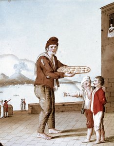 Pequenos metiers napolitanos: o vendedor de "pasticiotti" (areias napolitanas) - (Comércio antigo: o vendedor de bolachas) Aguarela do século XIX - Naples Museo Nazionale di San Martino de Italian School