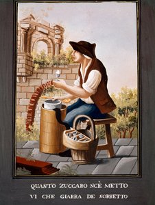 Pequenos metiers napolitanos: o vendedor de sorvetes - (Comércio antigo: o vendedor de gelados) Aguarela do século XIX - Naples Museo Nazionale di San Martino de Italian School