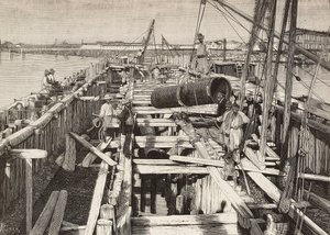 Novo aqueduto em Veneza, assentando o canal na lagoa, Itália, gravura de desenho de Riera, de L