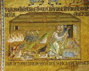Noé ajuda pares de animais a entrar na Arca ... (mosaico) de Italian School