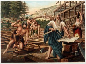 Noé e sua família construindo a arca (Noé olhando para o plano de construção) em "Aurea Bibbia classica: storia della rivelazione divina nell