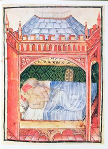 Nouy Acq Lot casal 1673 fol.100 em uma cama, de Tacuinum saudável, c.1390-1400 de Italian School