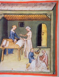 Nova 2644 fol.105v The Tailors Shop: Roupas de Linho, da Tacuinum Sanitatis de Italian School