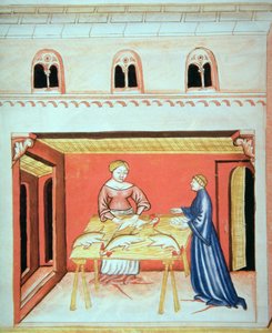 Nova 2644 fol.79v Os açougueiros: Removendo os testículos de Tacuinum Sanitatis de Italian School