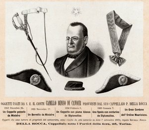 Objectos utilizados por Camillo Benso conte di Cavour (1810-1861) - chapéus e insígnias das suas funções políticas e diplomáticas, com o grande cordão da Ordem de São Maurício e São Lázaro (Ordine dei Santi Maurizio e Lazzaro) - Gravura do século XIX de Italian School