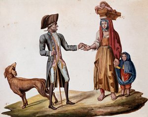 Velhos métiers napolitanos: um nobre dá uma moeda a um palmisciano - (Velho comércio napolitano: um homem rico dá dinheiro a um contador de histórias pobre) Aguarela do século XIX - Nápoles Museo Nazionale di San Martino de Italian School