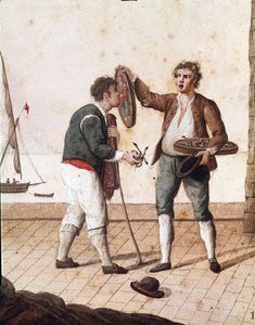 Velhos métiers napolitanos: vendedores de pequenas serpentes - (Velho comércio napolitano: vendedor de cobras herbívoras) Aguarela do século XIX - Naples Museo Nazionale di San Martino de Italian School