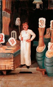 O velho metier: a loja do vendedor de massas. Detrempe anónimo. Século XIX Museo Nazionale delle Paste Alimentari, Fondazione Agnesi, Roma. de Italian School