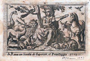 Orfeu brincando entre animais. (xilogravura de Italian School