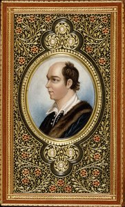 Retrato oval em miniatura de Oliver Goldsmith, emoldurado por trevos dourados cravejados de três pérolas, 1831 de Italian School