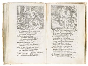Página de "Sonetti Lussuriosi" de Pietro Aretino, ilustrada por Giulio Romano e gravada por Marcantonio Raimondi, publicada em Veneza, c.1527 de Italian School