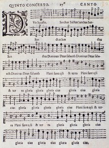 Página da partitura musical do Concerto 5 em "" Canções Francesas "" de Adriano Banchieri de Italian School
