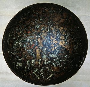 Escudo de concurso com cenas da história romana (madeira pintada)