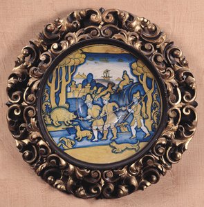 Prato decorado com uma cena de caça, Deruta Workshop, c.1540-45 (maiolica) de Italian School