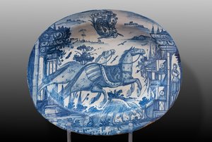 Prato decorado com cavalos de corrida e um brasão, primeira metade do século XVIII (majolica) de Italian School