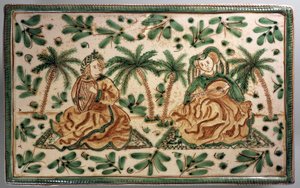 Prato com músicos num palmeiral, decoração inspirada no período de Frederico II, cerâmica decorativa, 30 cm, fabrico Alessi, Caltagirone, Sicília, Itália, século XX de Italian School