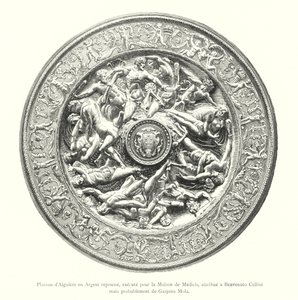 Bandeja Aiguiere em prata, executada para a Casa dos Médicis, atribuída a Benvenuto Cellini mas provavelmente por Gaspero Mola (gravura) de Italian School