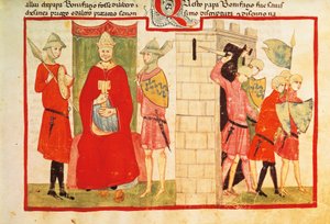 Papa Bonifácio VIII em Anagni e a expulsão de Sciarra Colonna (Giacomo Colonna) da cidade, miniatura da Crônica de Giovanni Villani, manuscrito Chigi L VIII 296 folio 176 recto, Itália Século XIV. de Italian School