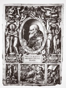 Papa Pio V, com vinhetas da Batalha de Lepanto, de Vita del Gloriosíssimo Papa Pio Quinto, pub. 1586 de Italian School