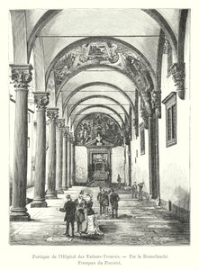 Pórtico do Hospital das Crianças, de Brunelleschi, frescos Poccetti (gravura) de Italian School