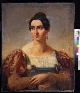 ""Retrato de uma mulher"" (Retrato feminino) Jovem da nobreza italiana, vestida com um vestido com fitas nos ombros. Pintura da escola italiana do início do século XIX. Museu Pushkin, Moscou de Italian School