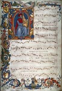 Retrato de Francesco Landino e uma partitura musical, ilustração de "The Squarcialupi Codex", c.1325-35 de Italian School