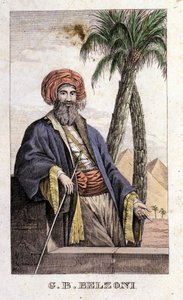 Retrato de Giovanni Battista (Gianbattista) Belzoni (1778-1823), explorador e arqueólogo italiano, que fez importantes descobertas arqueológicas no Egito. Gravura - em "Viaggio in Egitto e in Nubia" de Belzoni, Milão de Italian School