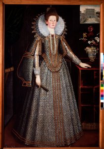 Retrato de uma senhora da nobreza florentina Derriere, uma representação do Palácio Pitti, ela está vestida com um vestido ricamente de paree e uma gola de morango numa roda de charette (Retrato de uma senhora florentina com um rufo de roda de charette e u de Italian School