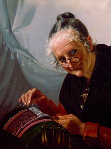 Retrato de renda Uma mulher velha sorrindo com um par de lorgnons em frente ao seu trabalho. Pintura da escola veneziana. Veneza do século XIX, museu Correr de Italian School