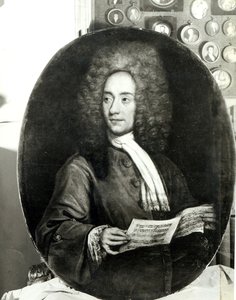 Retrato do compositor Tomaso Giovanni Albinoni (1671-1751) Realizando uma partitura de Italian School