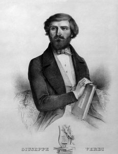 Retrato do compositor italiano Giuseppe Verdi (1813 - 1901) em 1844 com a partitura da ópera "I due foscari". de Italian School