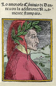 Retrato do poeta italiano Dante Alighieri (1265-1321). Gravura. Frontispício do "Il convivio" de 1554 de Italian School