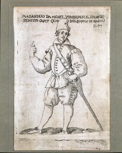 Retrato do pescador napolitano e revolucionário Masaniello (1623-1647) (Retrato de Masaniello, pescador napolitano e líder da revolta contra o domínio dos Habsburgos em Nápoles, em 1647) Gravura do Museo Nazionale di San Martino Naple do século XVII de Italian School