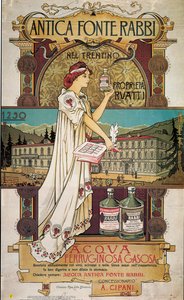 Cartaz publicitário de água medicinal da antiga fonte de rabino em Trentino