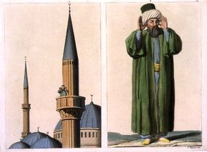 Muezzin público e detalhe, placa 37 da Parte III, Volume I de "A História das Nações", gravado por V. Raineri (aquatint) de Italian School