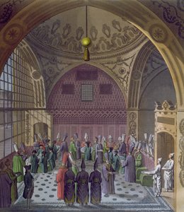 Recepção dos embaixadores ocidentais pelo grão-vizir do sultão em Constantinopla, c.1820 (gravura a cores) de Italian School