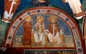 Representação de Santo Estêvão, mártir cristão, São Tomás Becket (1118-1170), Arcebispo de Cantuária e São Nicolau de Myra ou Bari (270-345) Afresco anónimo (século XIII) Igreja baixa. Mosteiro de São Benedetto (Sacro Speco), Subiaco (Rom de Italian School