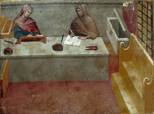 Representação de um camerlinguista, assistente de um copiador Anônimo sobre madeira de um Biccherna (capa do registro contábil da cidade de Siena) 1388. Siena Archivio di Stato, Itália de Italian School