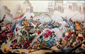 Risorgimento: As lutas de Palermo a 26 de Maio de 1860. Expedição dos Mil (camisas vermelhas). Giuseppe Garibaldi (1807-1882) entre Palermo e o povo em revolta se uniu a ele para combater os soldados do reino Bourbon de Nápoles. Gravura do 19º ce de Italian School