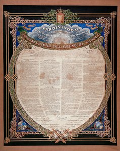 Risorgimento: constituição proclamada pelo rei Fernando II das Duas Sicílias (1810-1859) em 1847. Nápoles, Museo Nazionale di San Martino Itália de Italian School