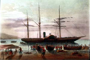 Risorgimento: a partida em 8/08/1860 de Giuseppe Missori, oficial do exército de Giuseppe Garibaldi (1807-1882), no detroit de Messina em direção ao Forte de Villa San Giovanni. Ilustração do século XIX de Italian School