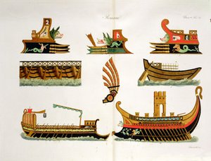Navios romanos com detalhes de figuras, placa 23, classe 5 da Parte I da História das Nações, gravada por Simonetti (aquatint) de Italian School
