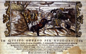 Ruggiero consegue escapar da ilha de Alcina e depois resgata Angélica do orc - Cena do poema cavalheiresco de “Orlando Furioso” de Ludovico Ariosto de Italian School