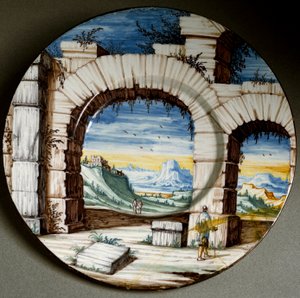 Ruína e paisagem. Prato cerâmico produzido em Angarano, Itália. Por volta de 1650 Florença, Museo Nazionale del Bargello de Italian School