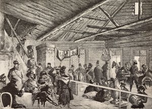 Soldados russos em taverna perto das fortificações de Varsóvia, Polónia, gravura a partir de esboço de Fritzmann, de L